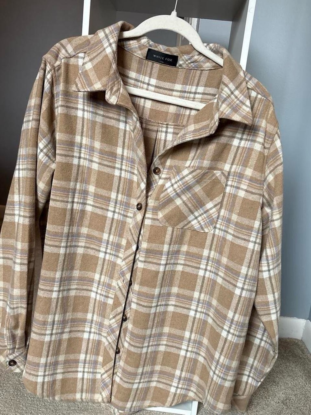 White Fox Boutique Tan & Cream Plaid Button-Down Jacket